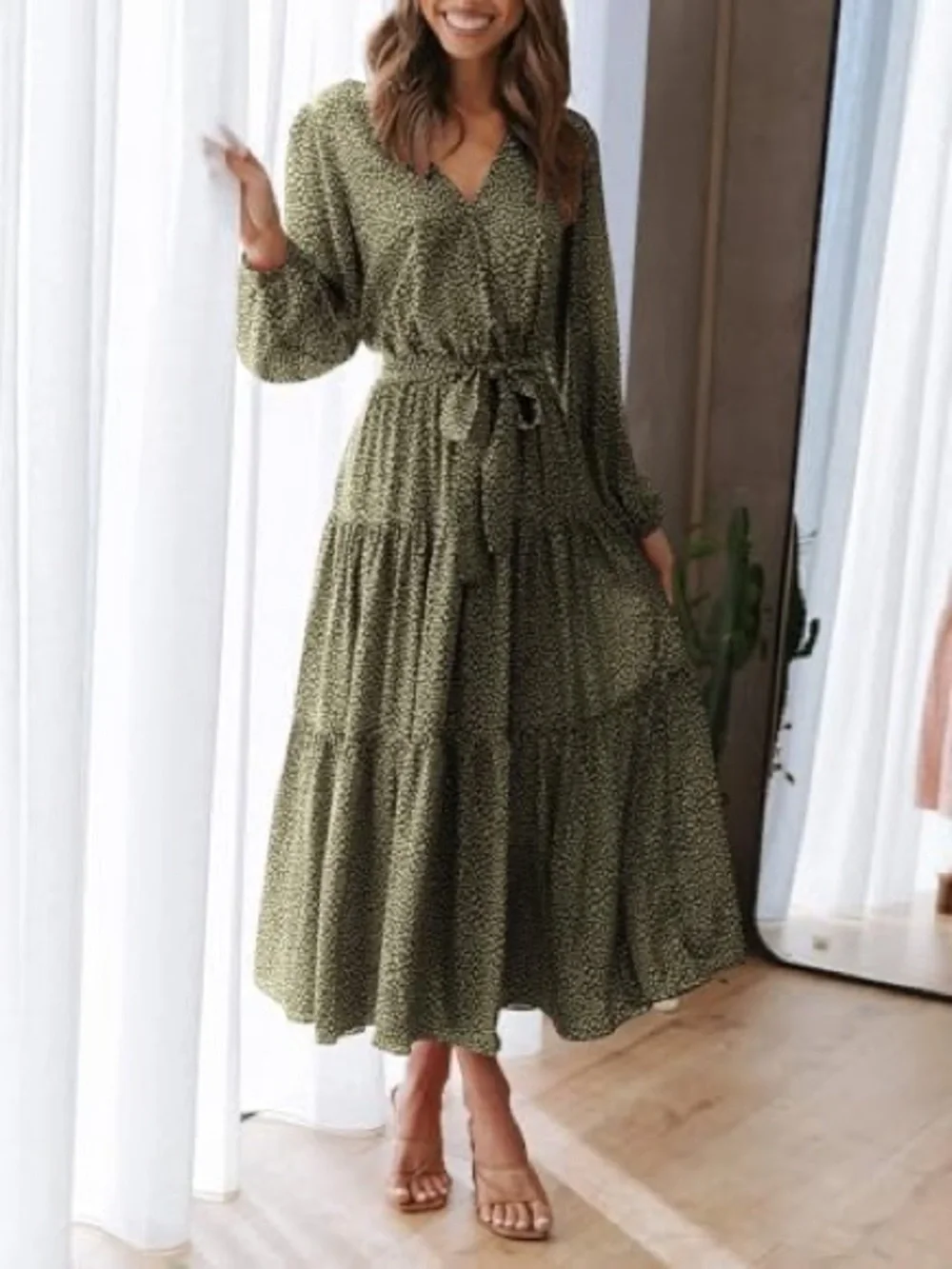 Long Sleeve Olive Floral Tiered Maxi Dress with V-Neck - Picture 4 of 9